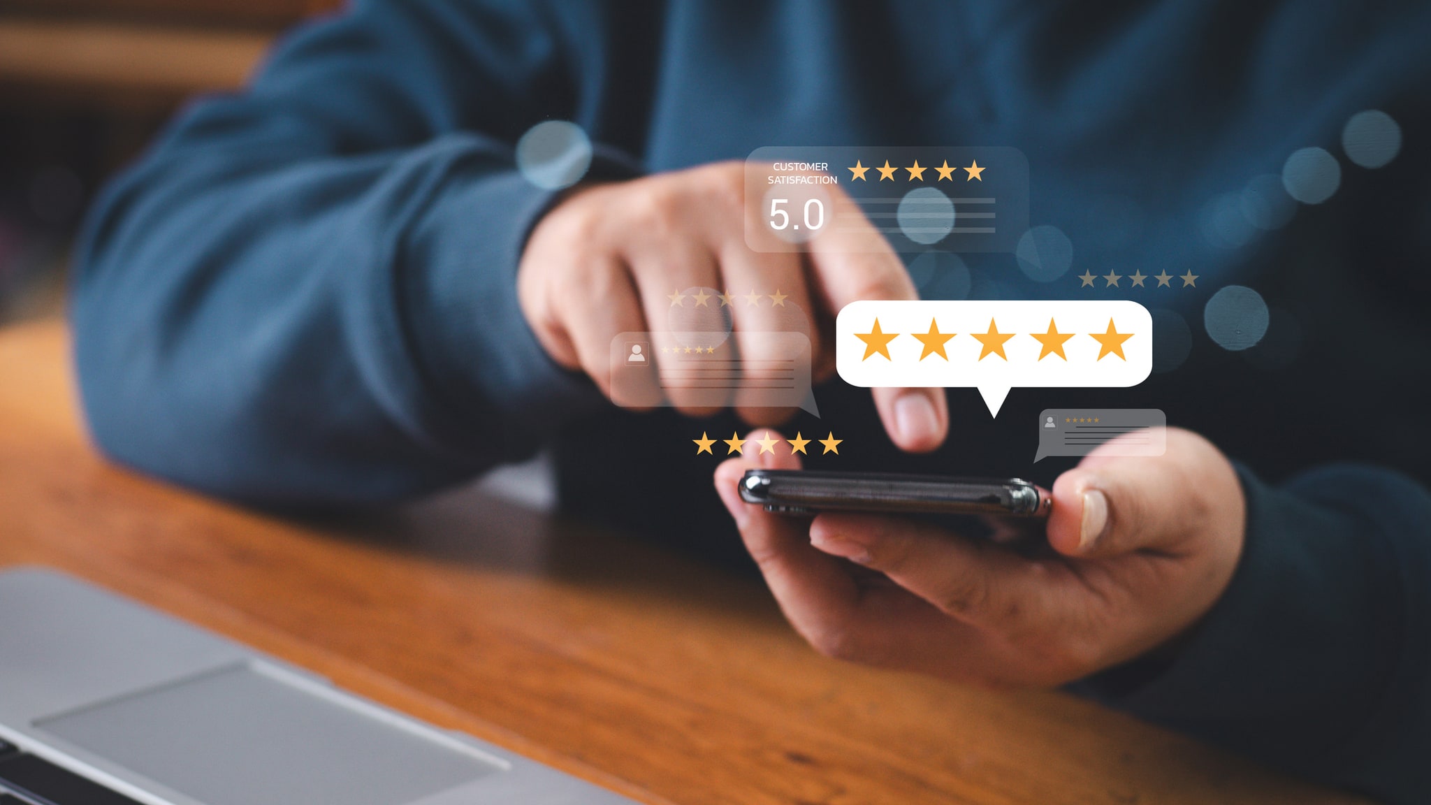 Gestion des avis Google — un client laisse un avis 5 étoiles sur la fiche d'un établissement accompagné par JS Studio Web