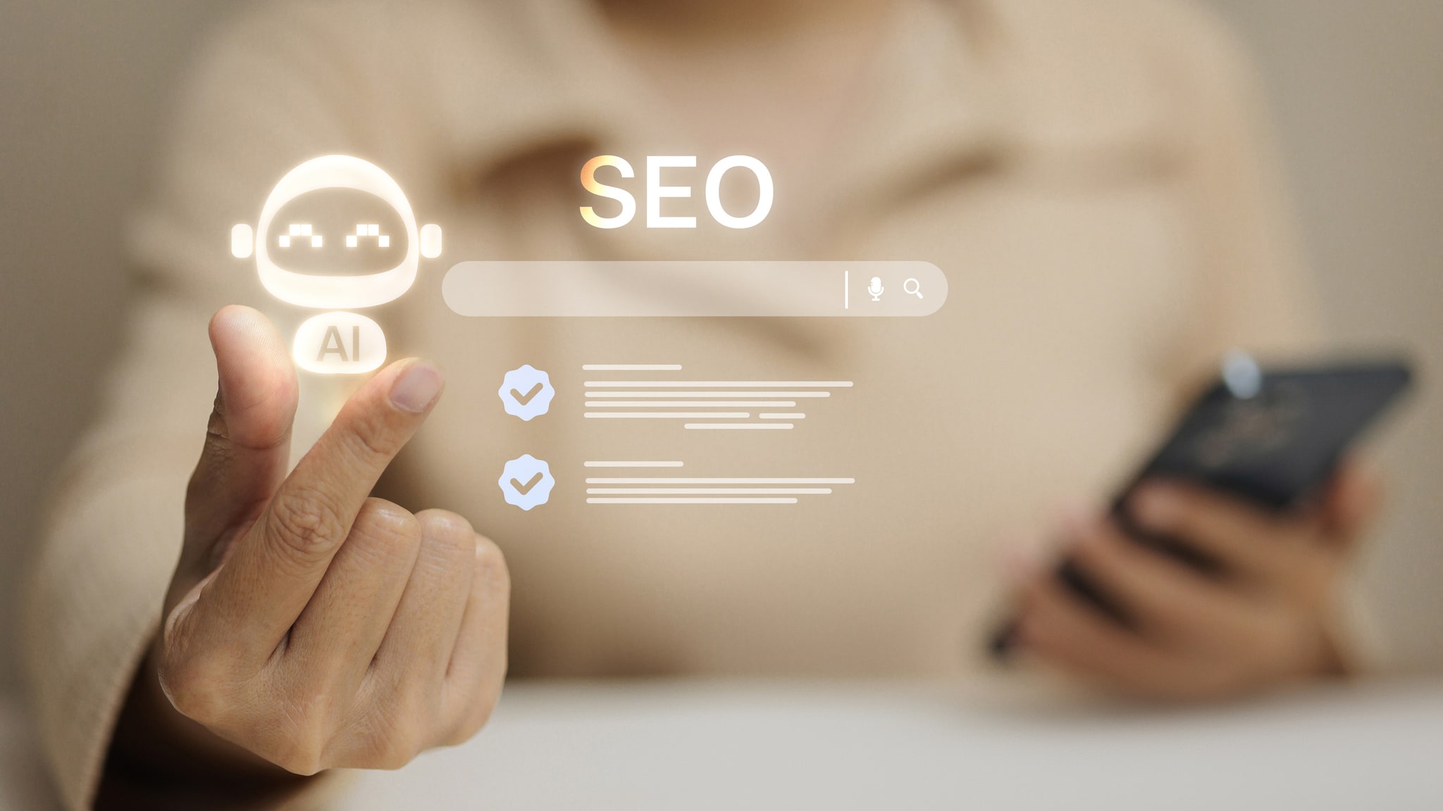La visibilité IA prolonge le référencement — un assistant IA et une recherche SEO travaillent ensemble pour citer les bonnes sources